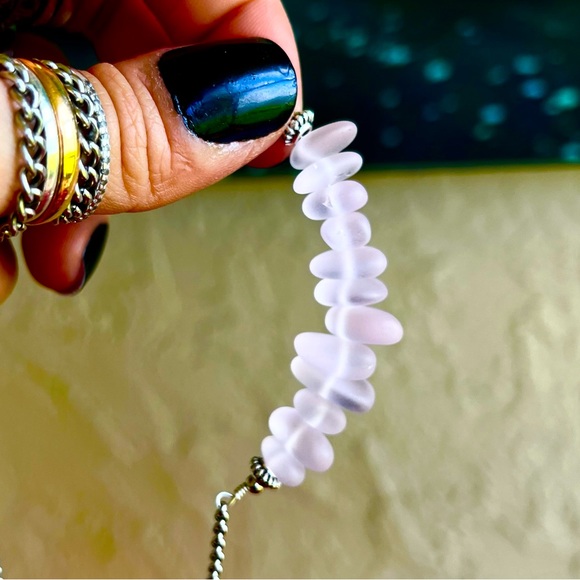 Frosted pink crystal quartz gemstones chips bar choker necklace boho stones - Picture 9 of 11